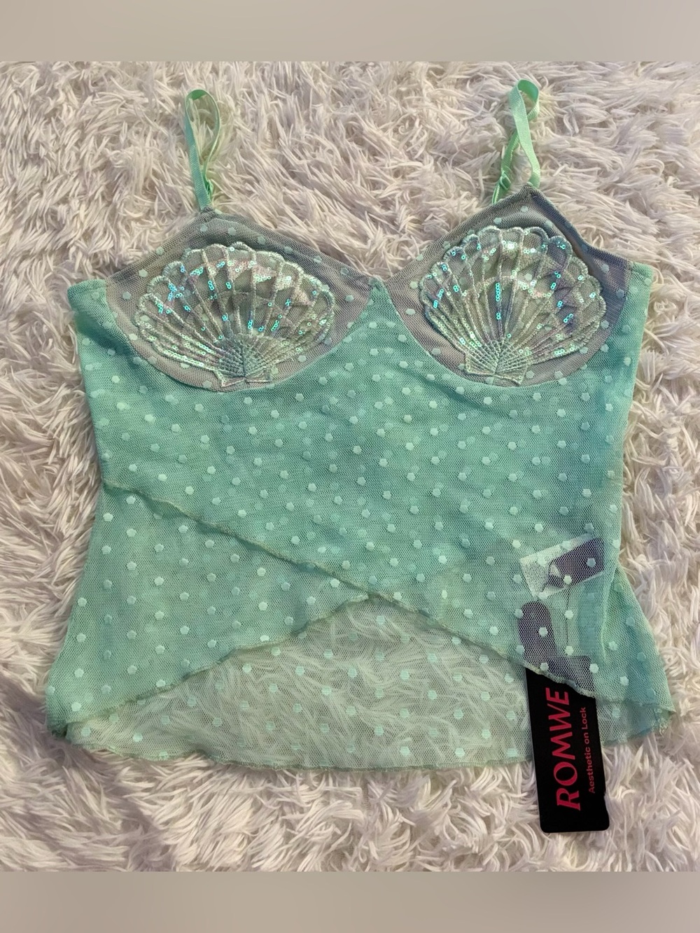 NEW Mermaid Siren Fairycore Festival Rave Y2K Mesh Sheer Sequin Seashell Top L - Picture 2 of 10